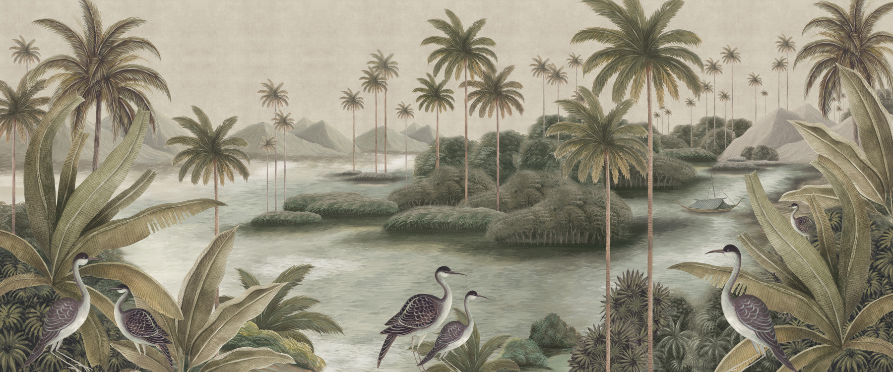 Pictură murală vintage Chinoiserie cu palmier și cocor
