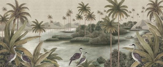 Pictură murală vintage Chinoiserie cu palmier și cocor