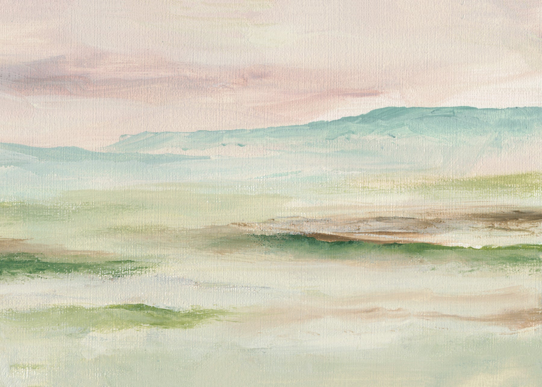 Papier peint panoramique Montagne Impressionniste Sauge et Rose Pâle