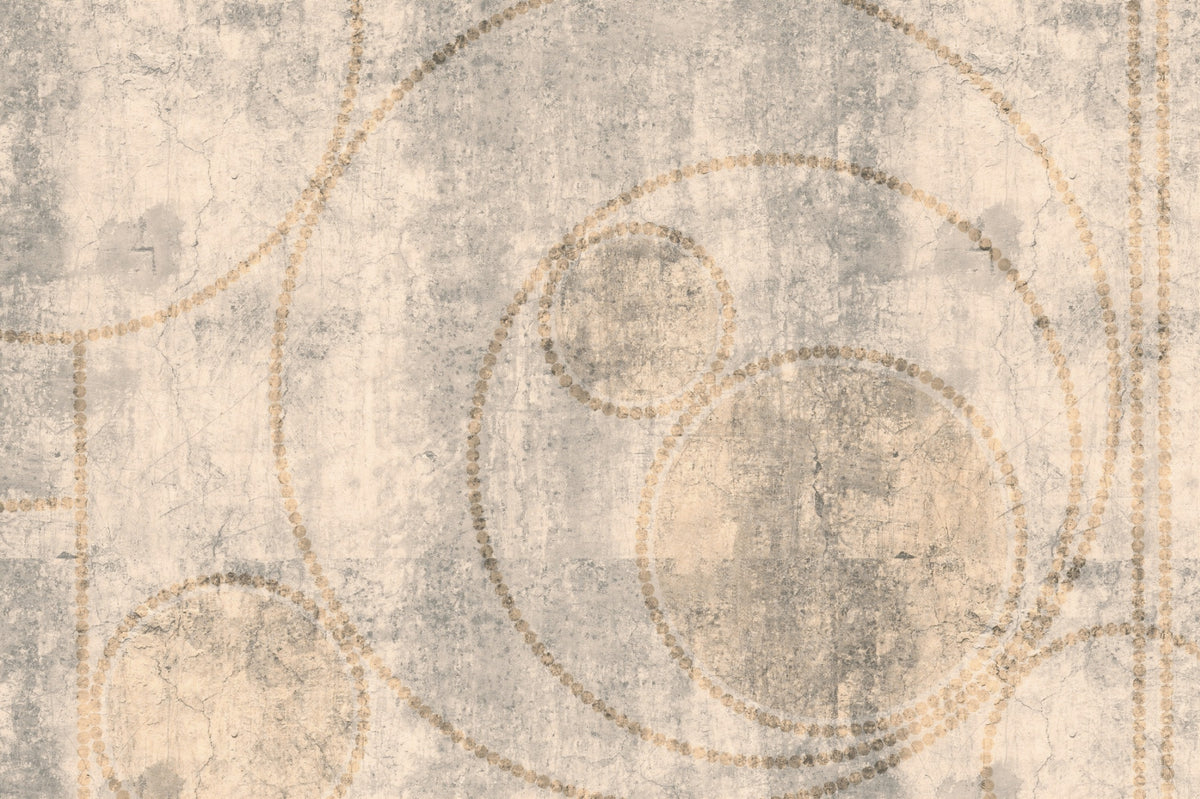 Wandbild mit verwittertem Beton und goldenen Perlenkreisen in your room — zoomed