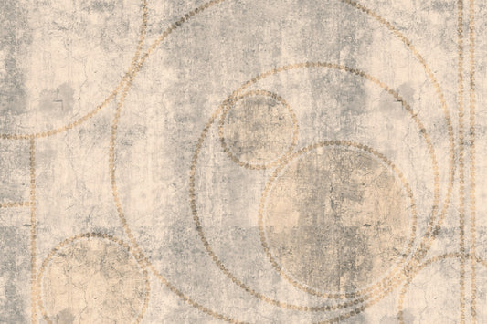 Wandbild mit verwittertem Beton und goldenen Perlenkreisen