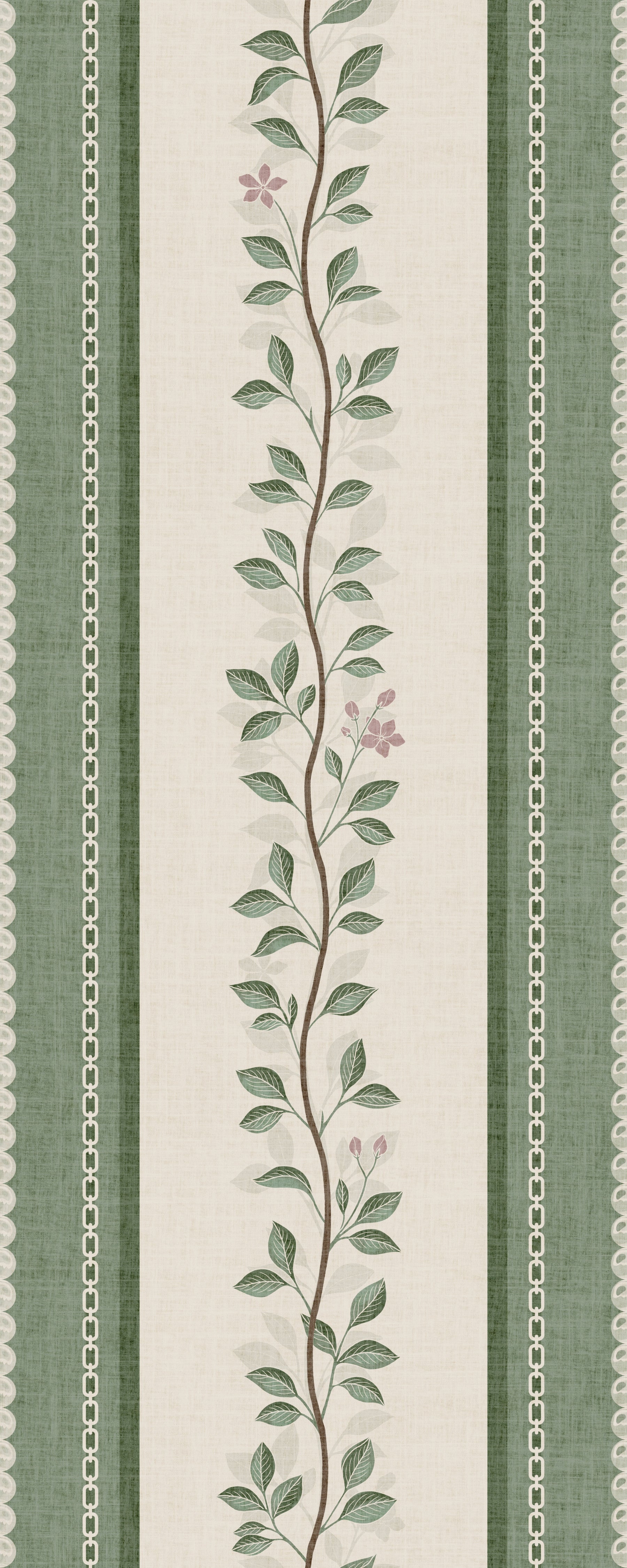 Papier peint rayé en lin avec motif de vigne de sauge enroulée⁠