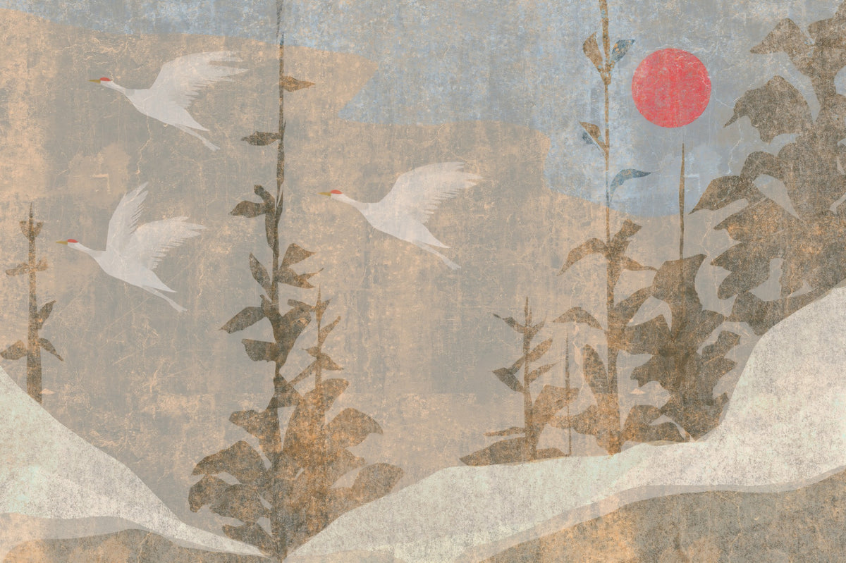 飛翔する鶴と紅い太陽の風景壁画