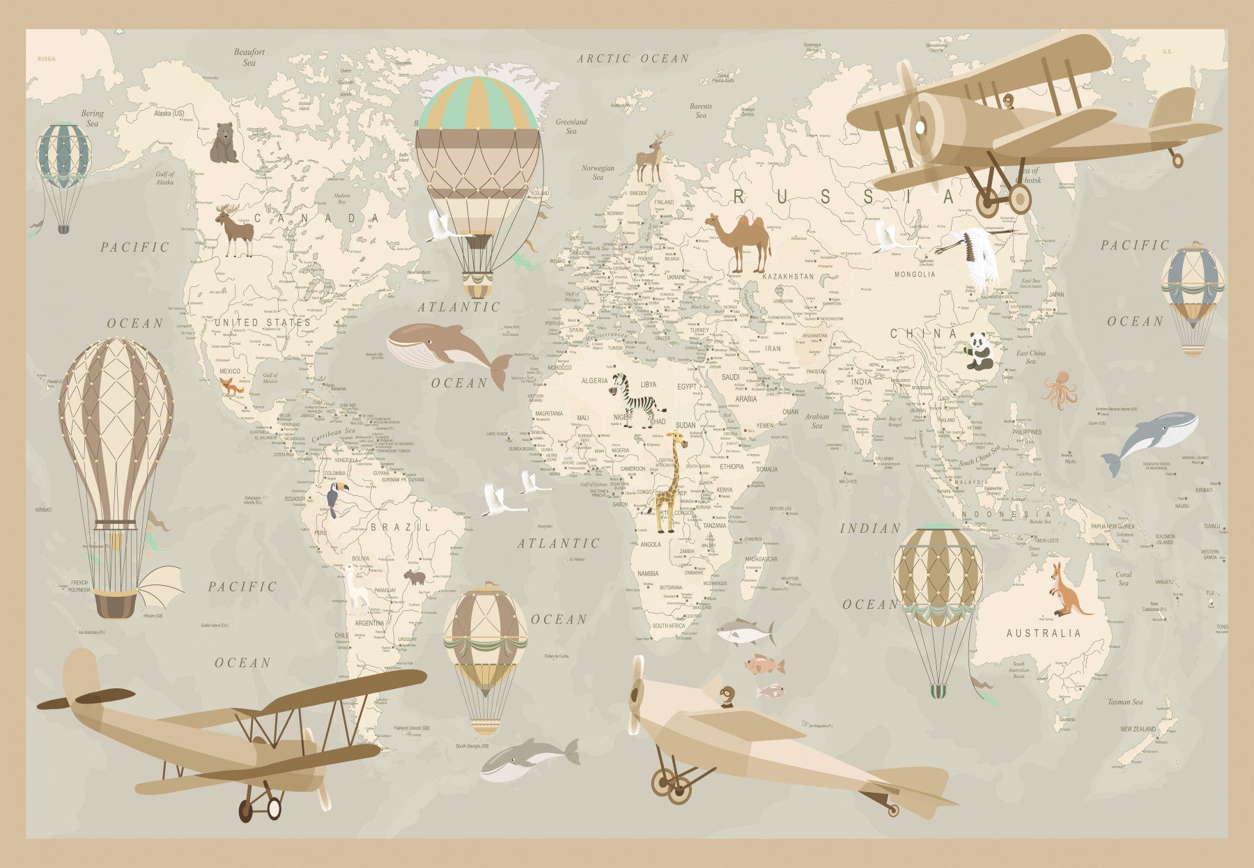 Antique Style Animal Cartography and Airships Wall Mural
