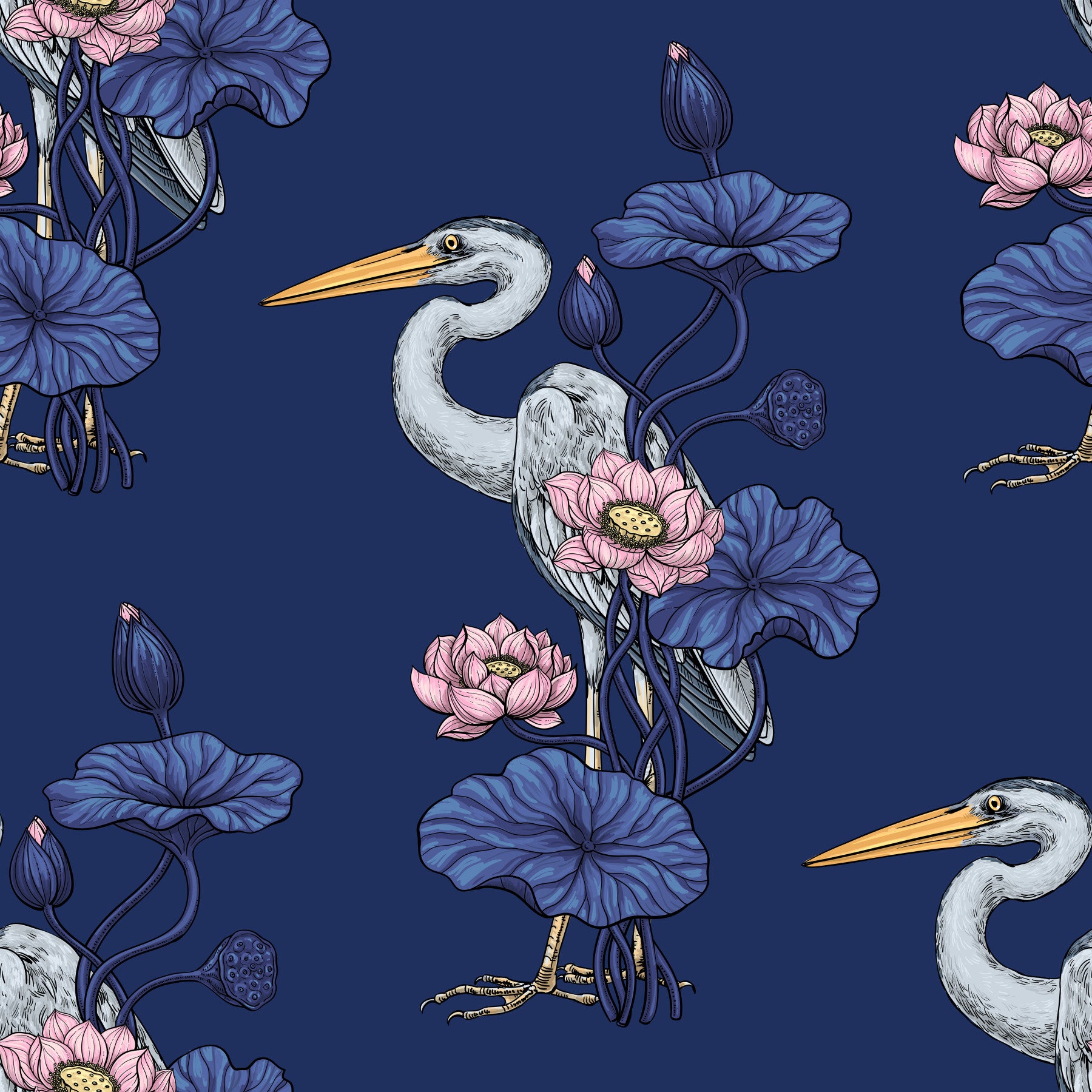 Reiher im rosa Lotusgarten auf delphinblauem Tapetenhintergrund