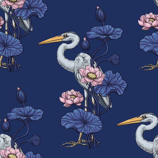 Reiher im rosa Lotusgarten auf delphinblauem Tapetenhintergrund