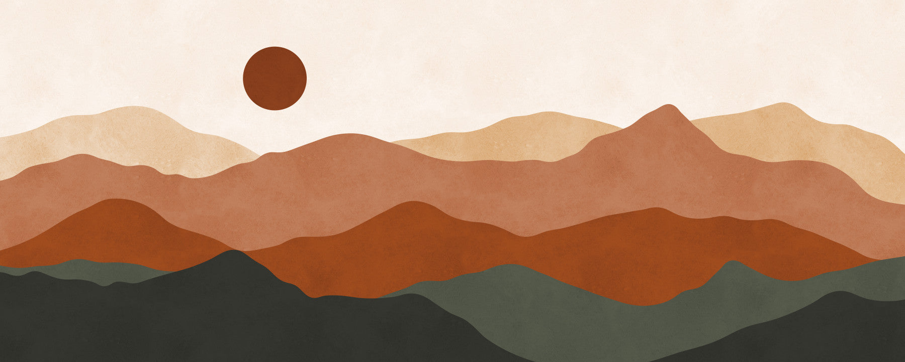 Fresque murale Coucher de soleil sur collines en terre cuite et soleil ocre