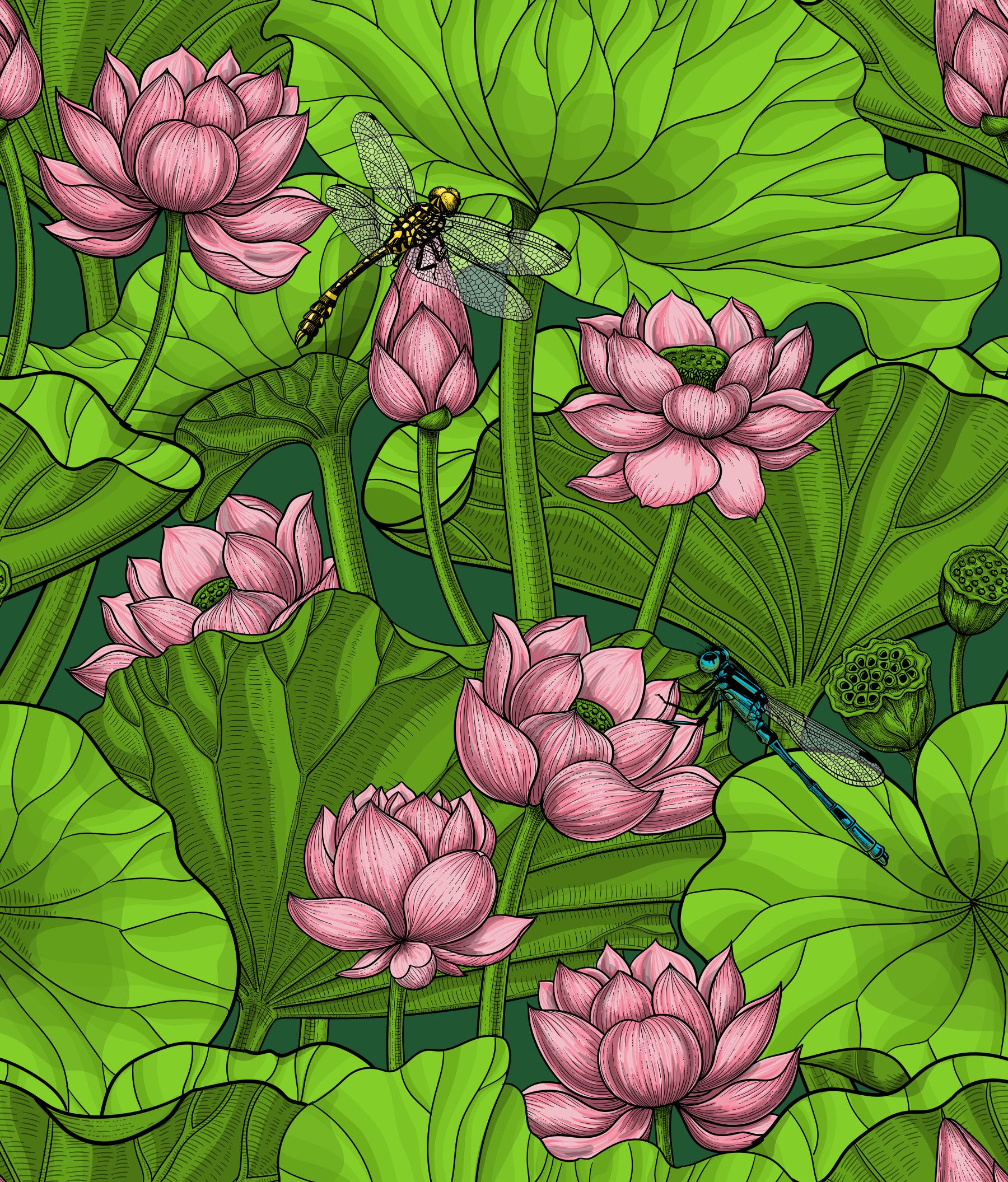 Papier peint Étang de lotus zen avec libellules