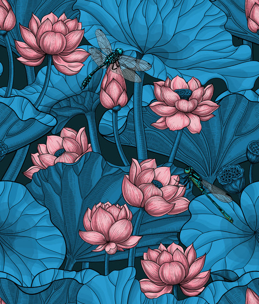 Papier peint Étang de lotus zen avec libellules en rose et bleu