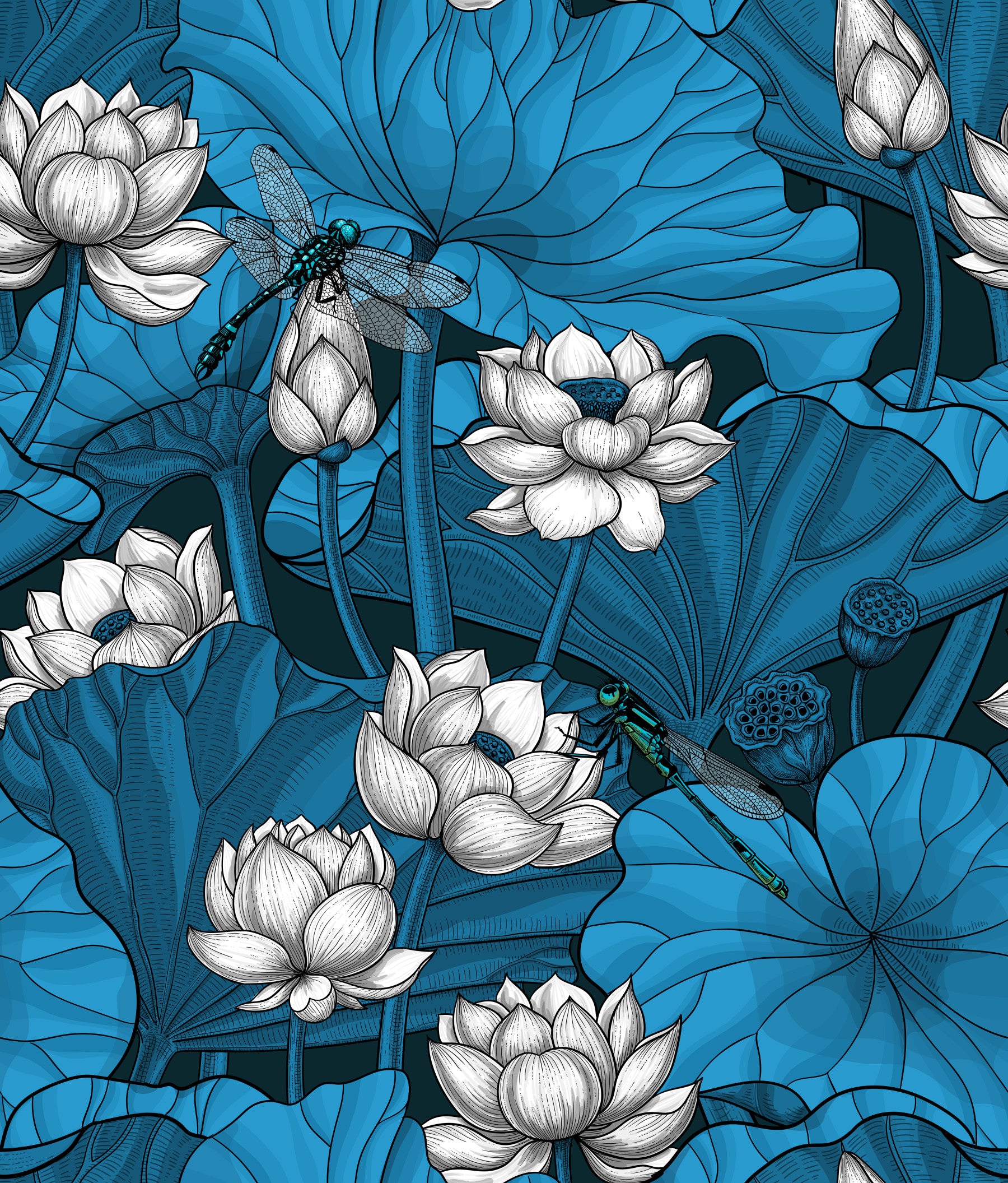 Papier peint Étang de lotus zen avec libellules en blanc et bleu