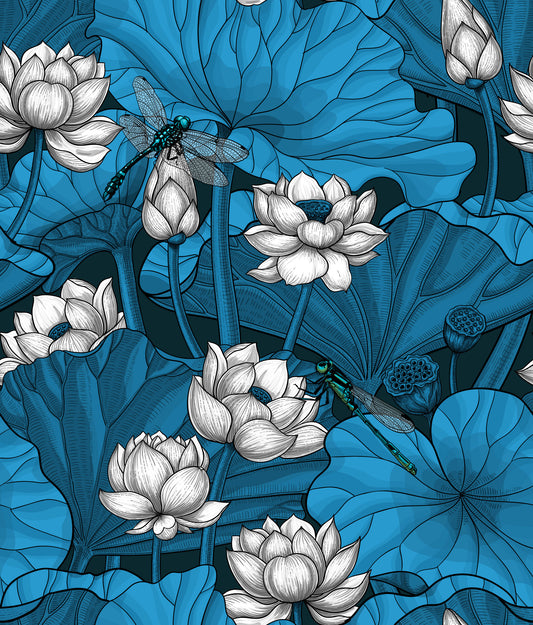 Papier peint Étang de lotus zen avec libellules en blanc et bleu