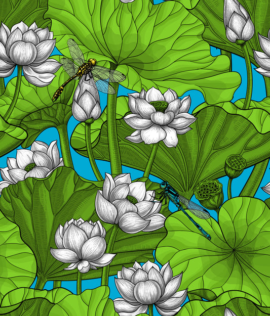 Papier peint Étang de lotus zen avec libellules en blanc et vert