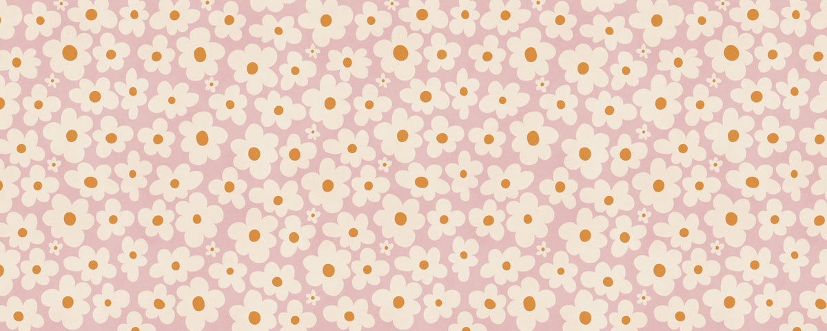 Papier peint panoramique champ de marguerites rétro crème et rose in your room — zoomed