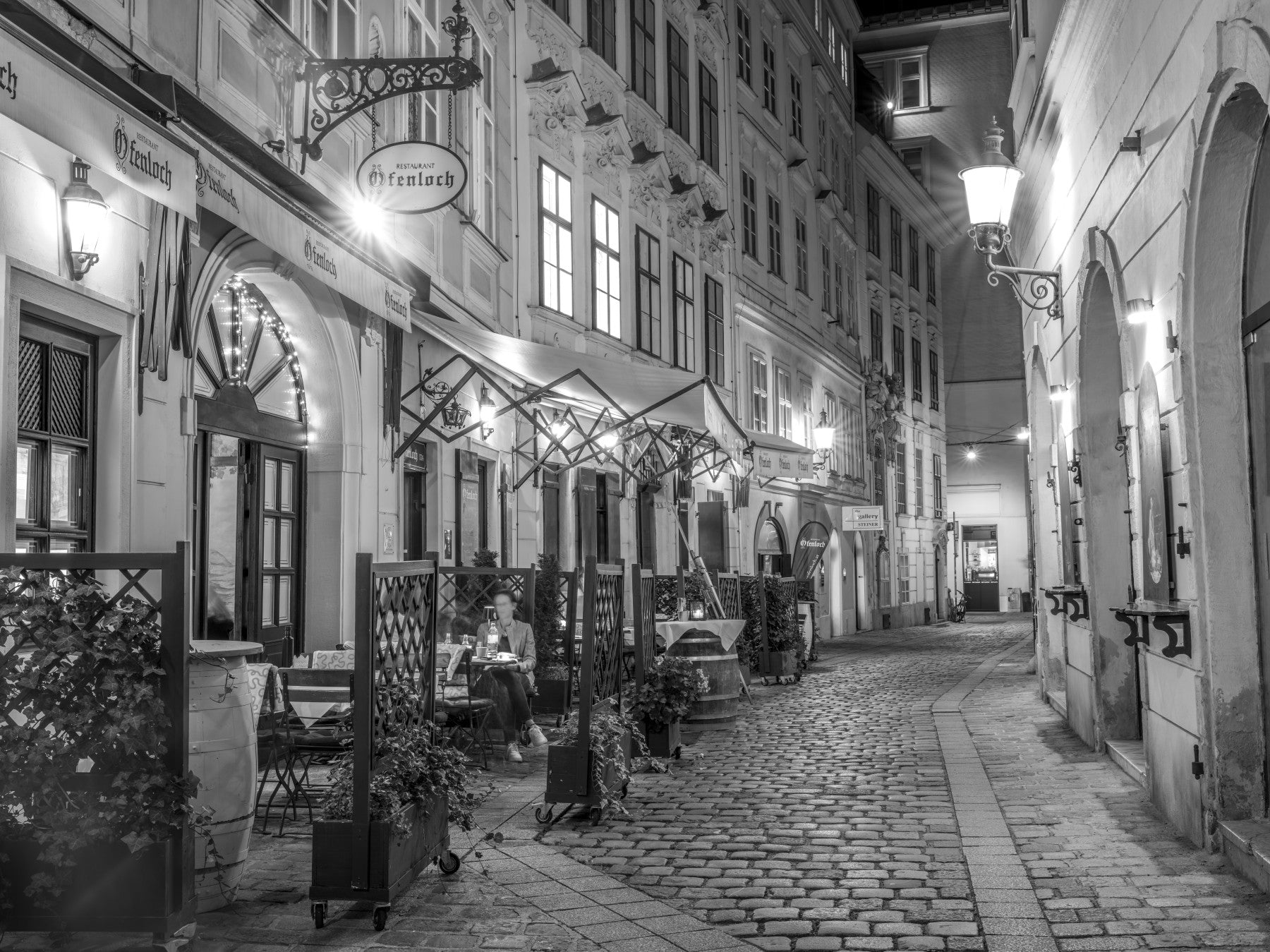Historisches europäisches Restaurant-Straßenwandbild