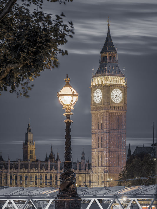 Vægmaleri med London Clock Tower i skumringstimen