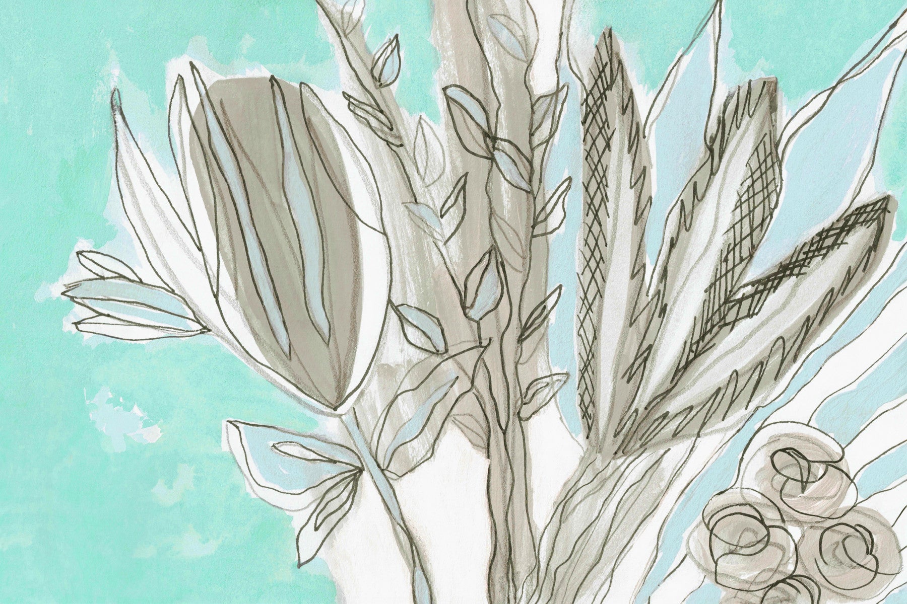 Muted Floral Line Art Wall Mural