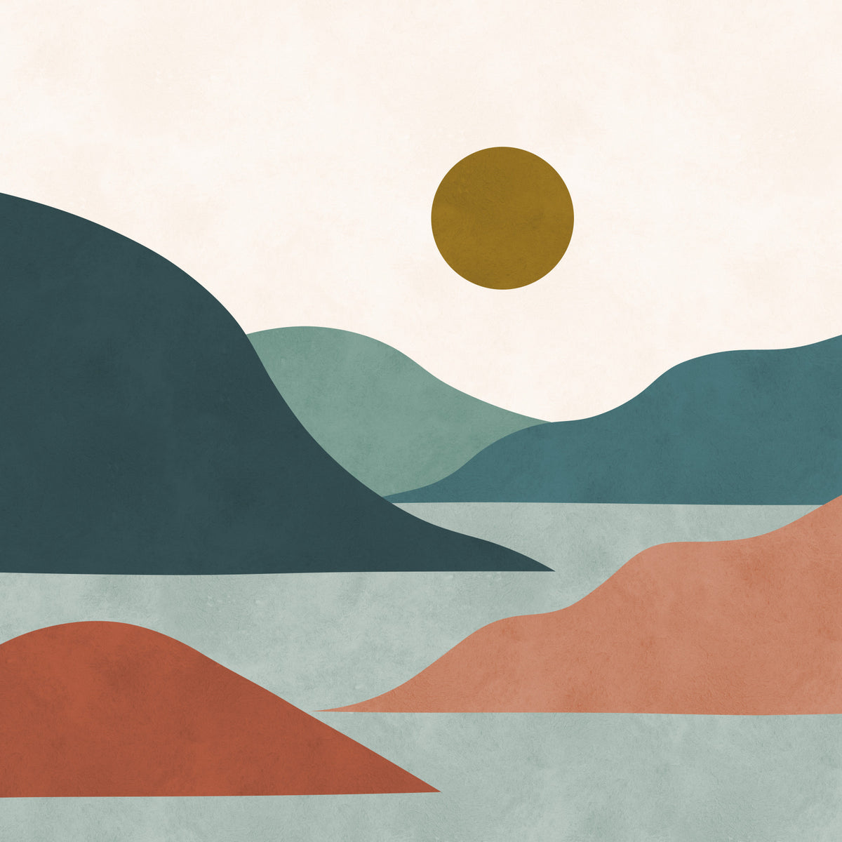 Minimalistinen Sunset Valley Peaks -seinämaalaus