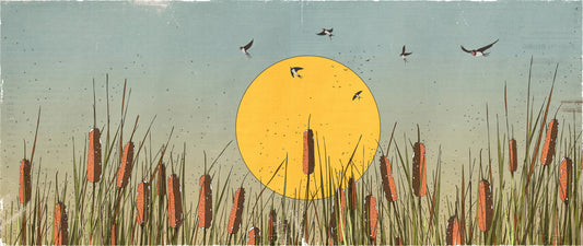 Golden Marshlands and Swallows Wall Mural