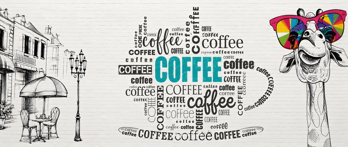 Muurdecoratie met koffietypografie en giraffekunst in your room — zoomed