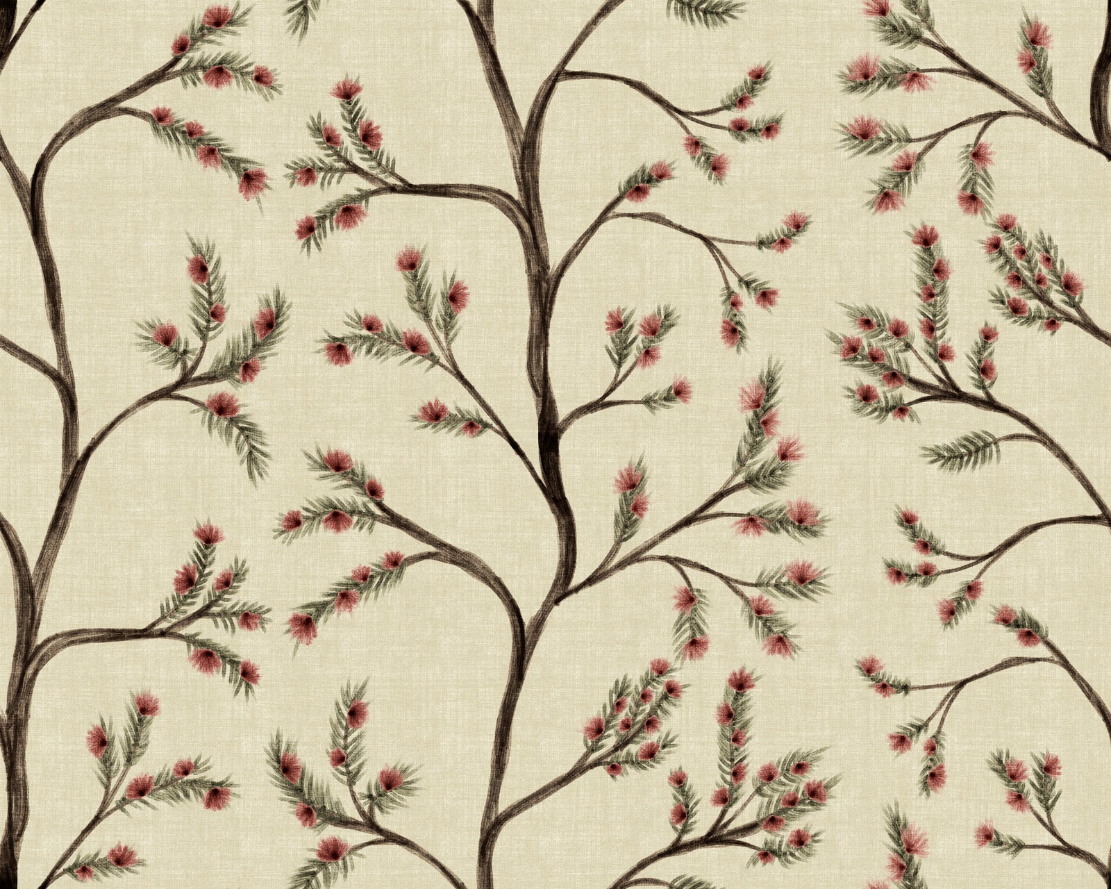 Asian Floral Branches on Antique Linen Wallpaper⁠