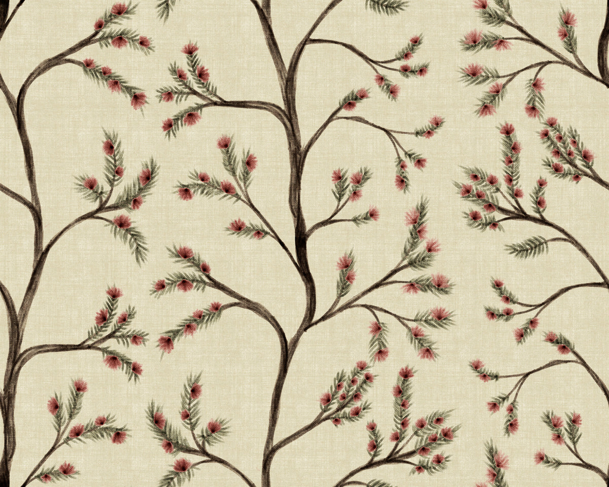 Asian Floral Branches on Antique Linen Wallpaper⁠ in your room — zoomed
