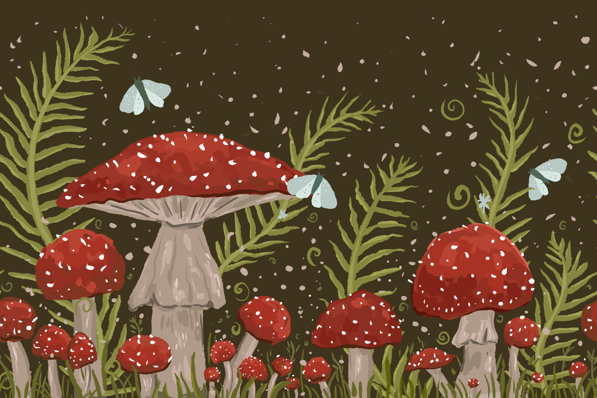Flüstern der Amanita – Rote Pilze, Farne und Motten Wandbild in your room — zoomed