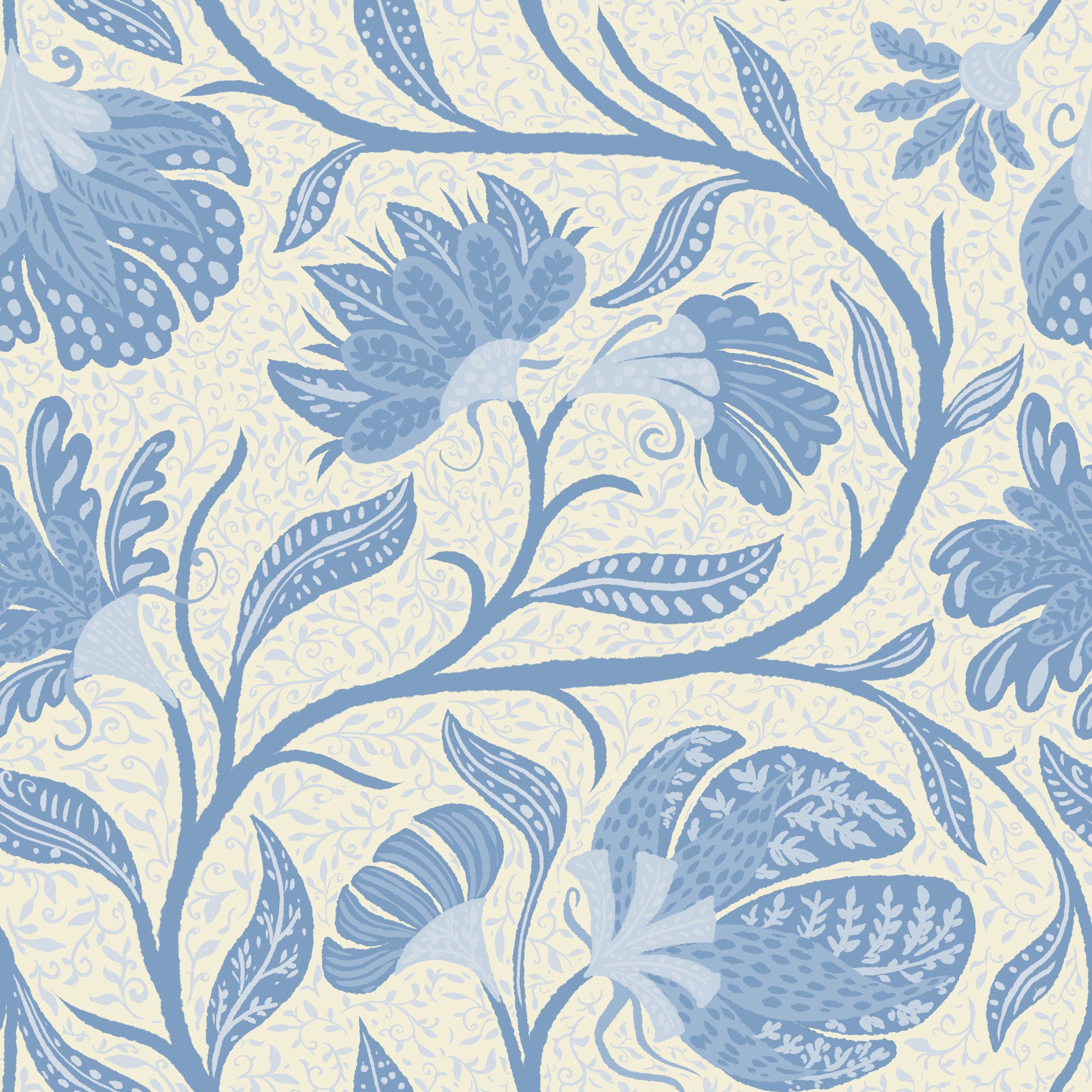 Papel tapiz floral indio con borde - azul claro y beige