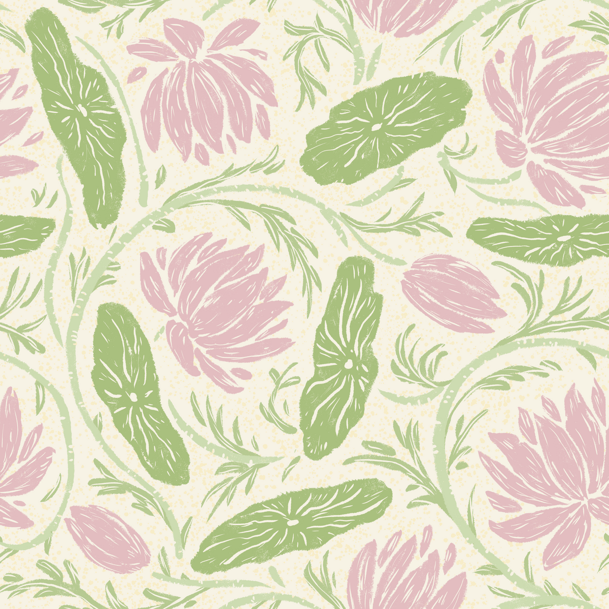 Lotus – Botanischer Wasserlilien-Blumenblockdruck – Rosa und Grün Tapete⁠ in your room