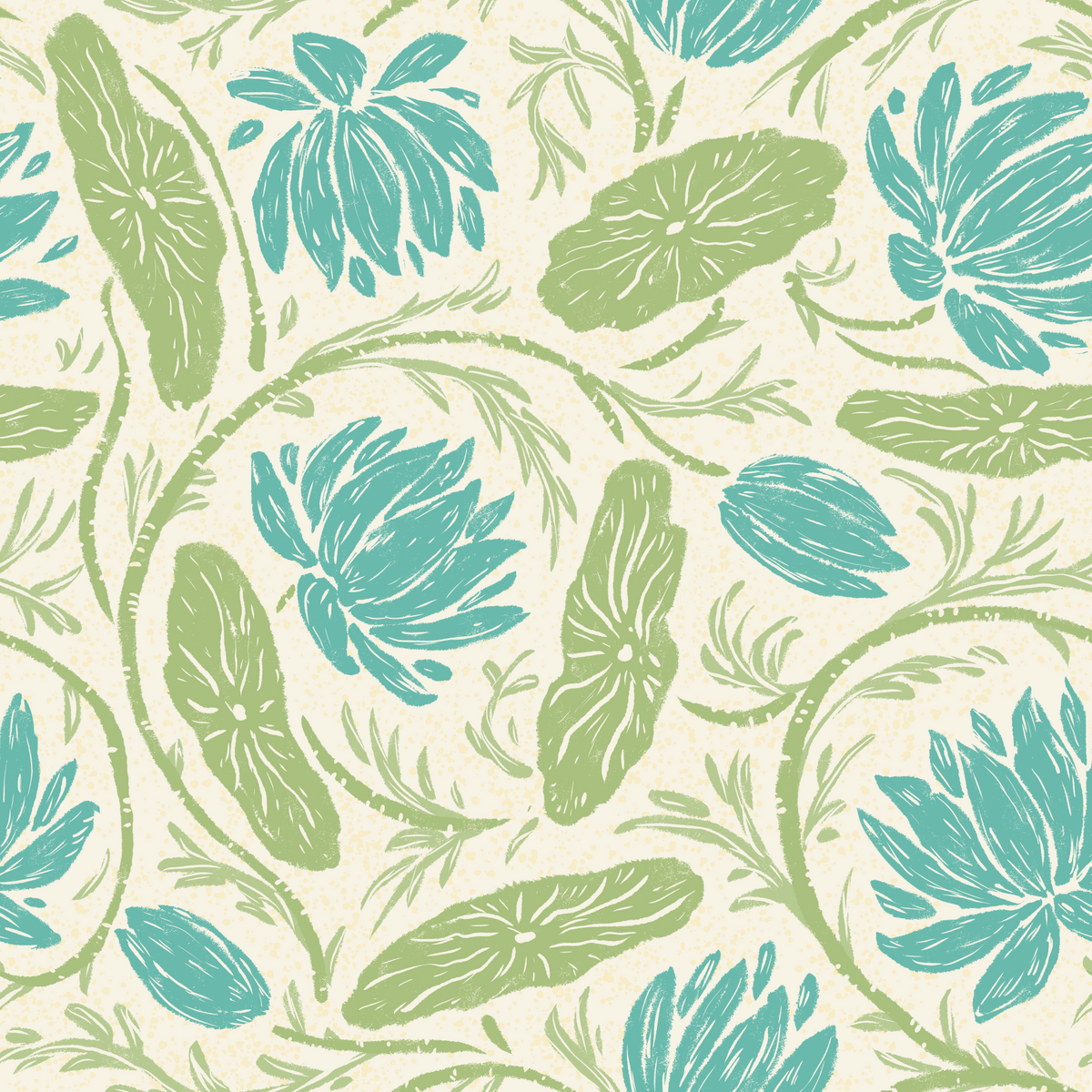 Lotus - Papier peint botanique à motif de nénuphar en cascade - Bleu et vert in your room — zoomed
