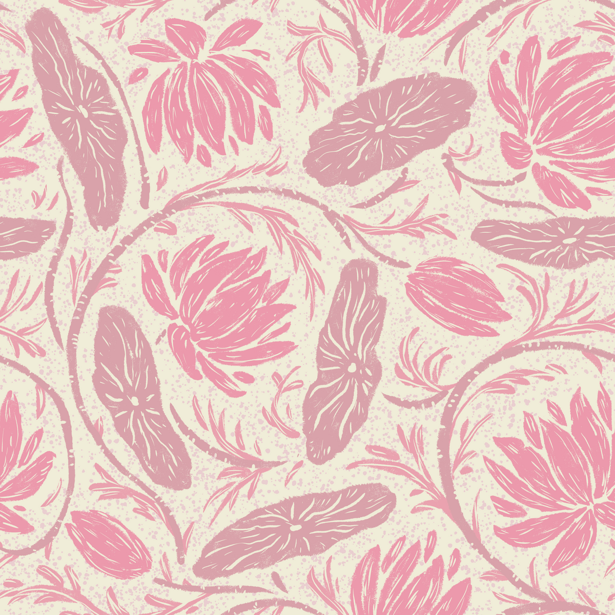 Lotus – Botanischer Wasserlilien-Ranken-Blumenblockdruck – Monochromatische rosa Tapete⁠ in your room