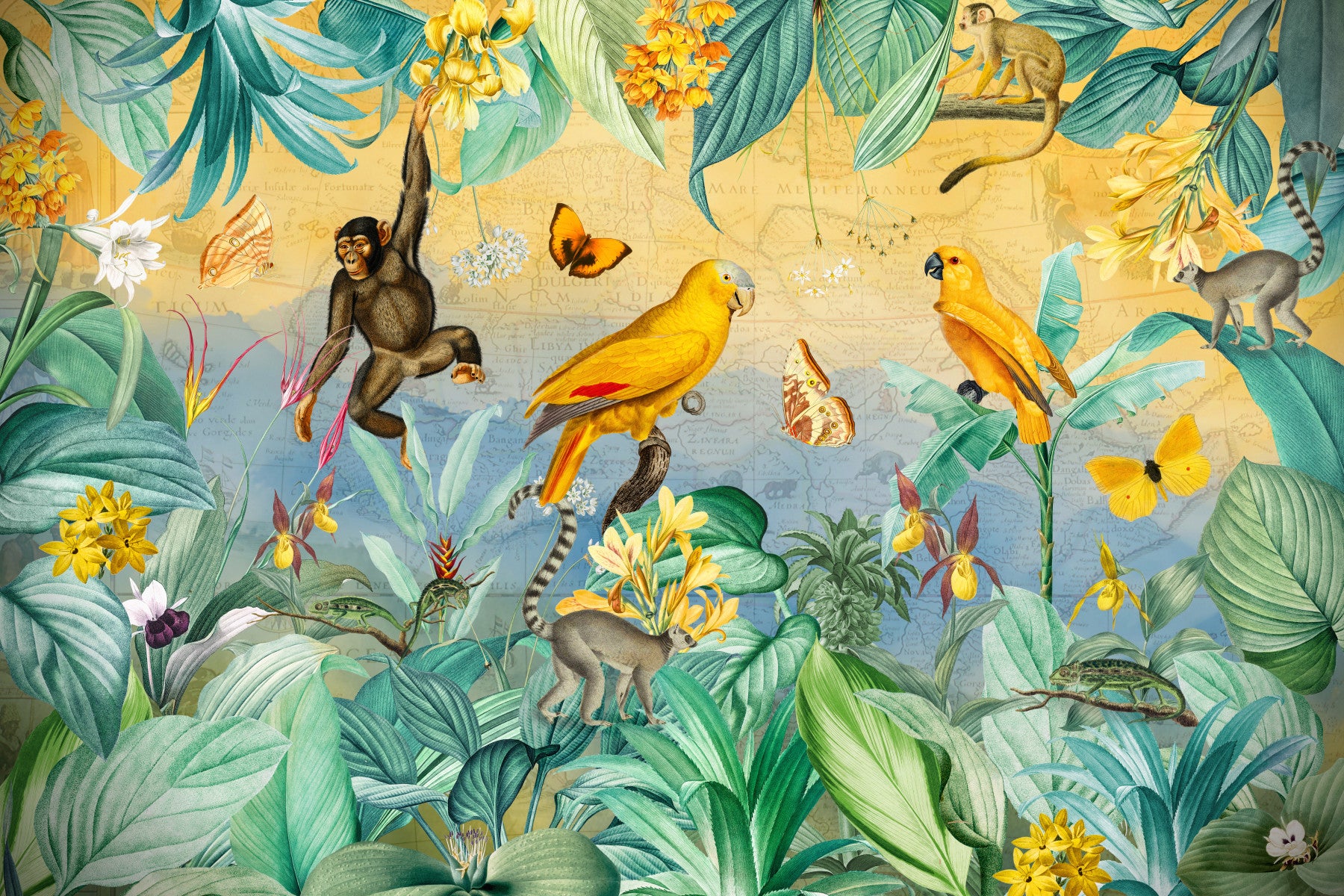 Vægmaleri med botanisk jungleeventyrscene