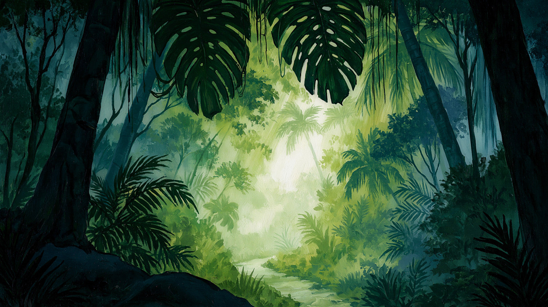 Pânză murală cu copertină de pădure tropicală în ceață