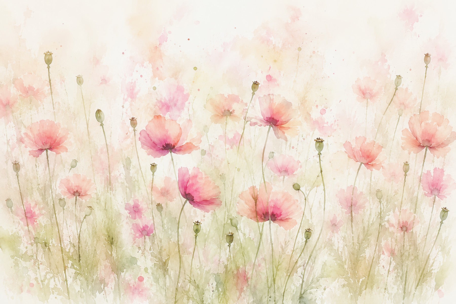Vægmaleri med vilde blomster i blush pink eng