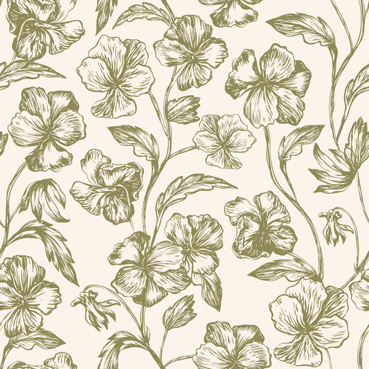 Vintage botanisk linjekonst blommig tapet⁠