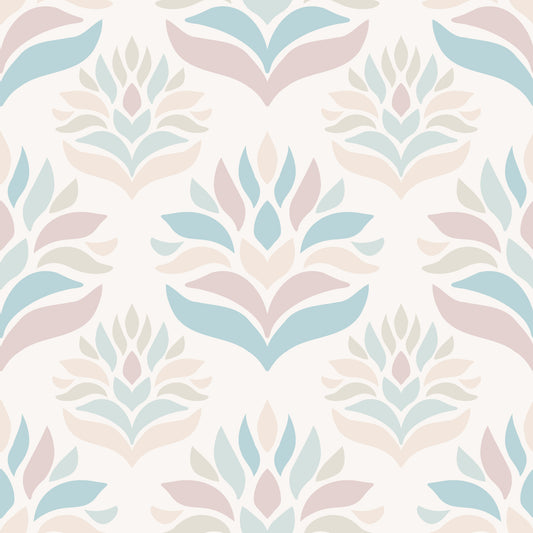 Minimalistisk botanisk tapet i blush och blått⁠