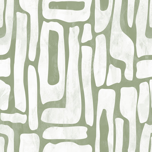 Papel de Parede com Formas Abstratas Orgânicas Verde-Sálvia