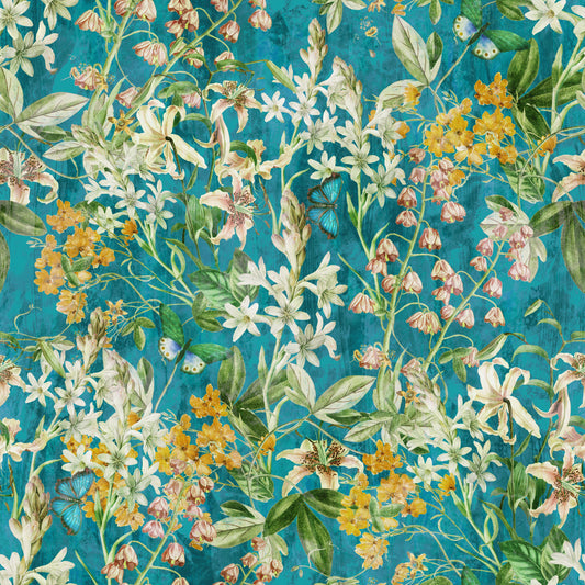 Papier peint illustration botanique Prairie Turquoise