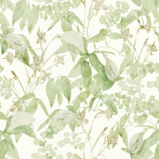Botanisk tapet med illustration af en frodig eng