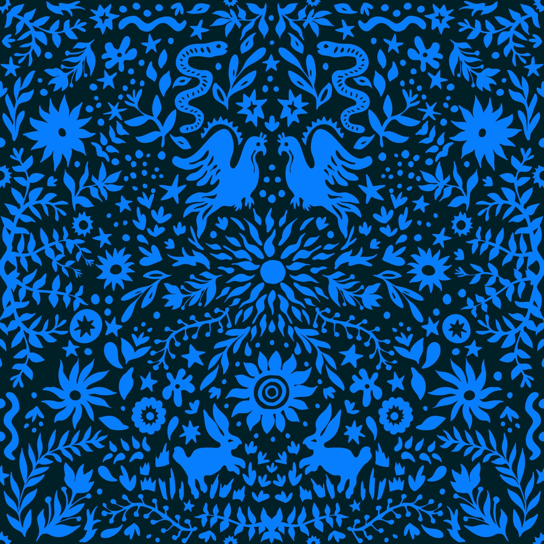 Papier peint à motif d’oiseau bleu et de lapin inspiré du folklore mexicain