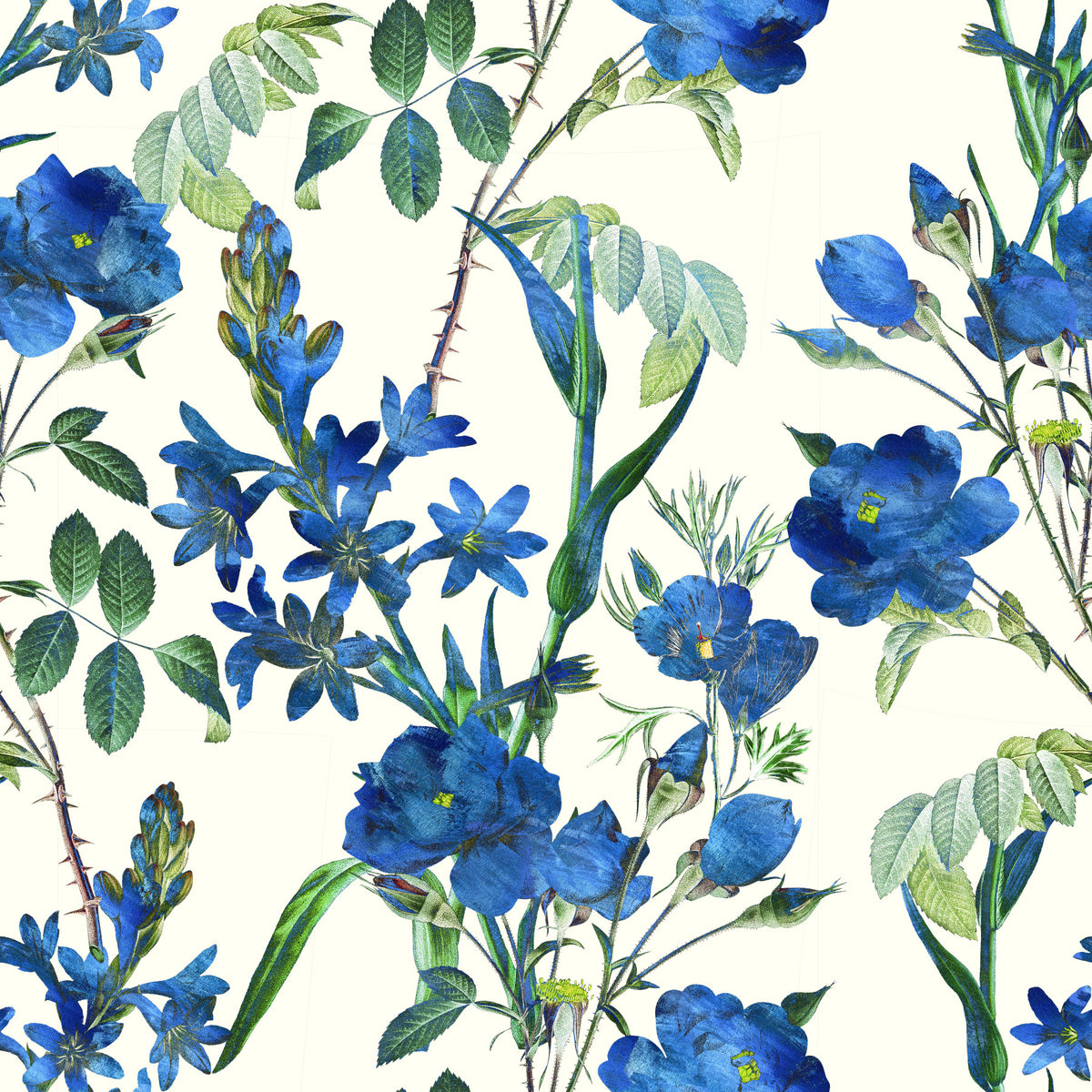 Tapete mit Vintage-Indigoblumen-Gartenmuster