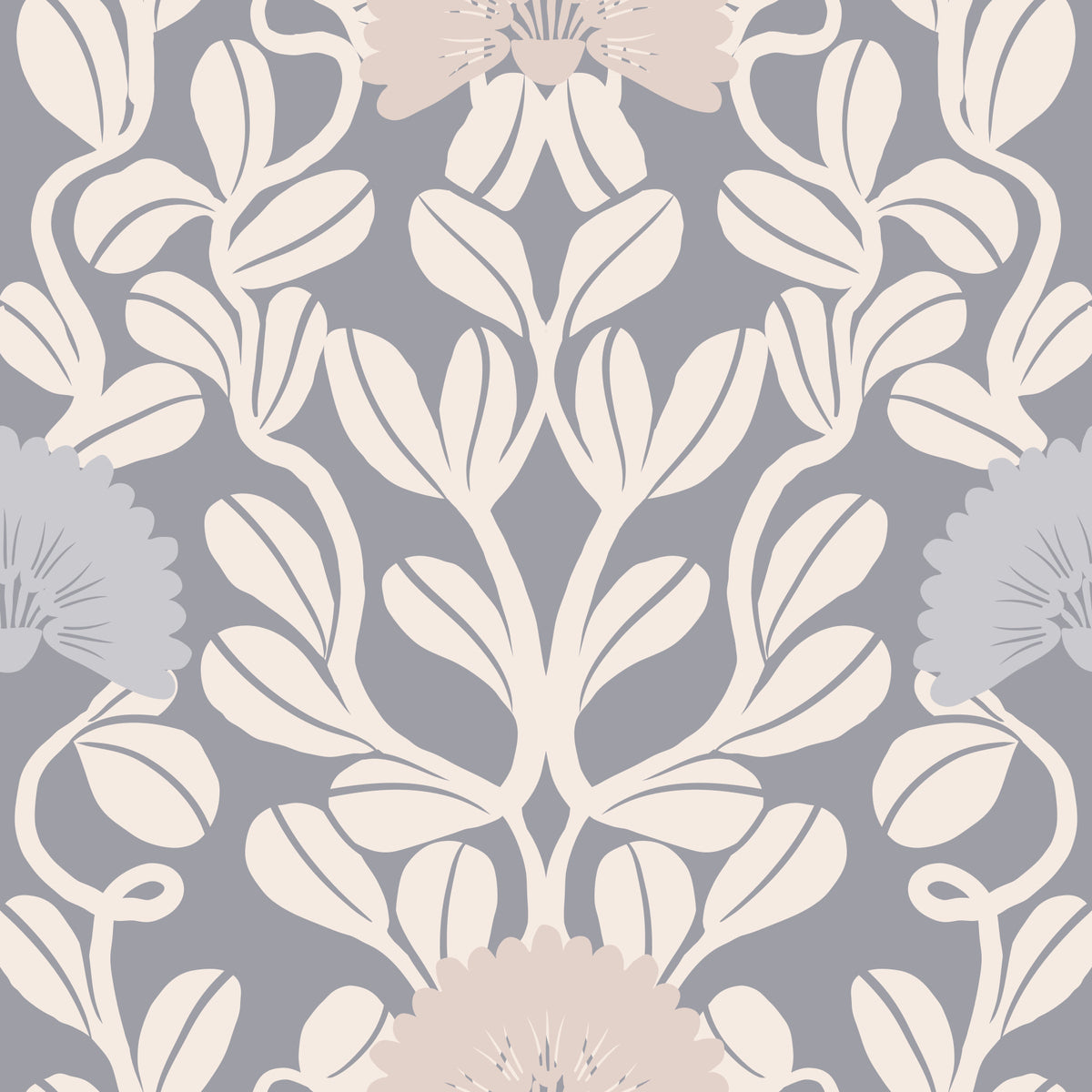 Grey and Cream Damask Floral Wallpaper⁠ in your room — zoomed