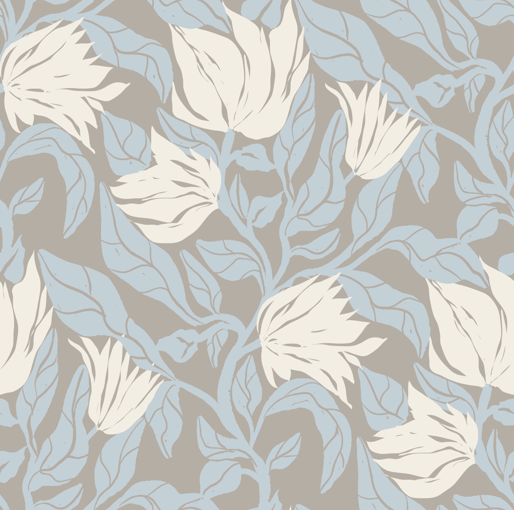 Carta da parati con delicati schizzi floreali color crema e blu