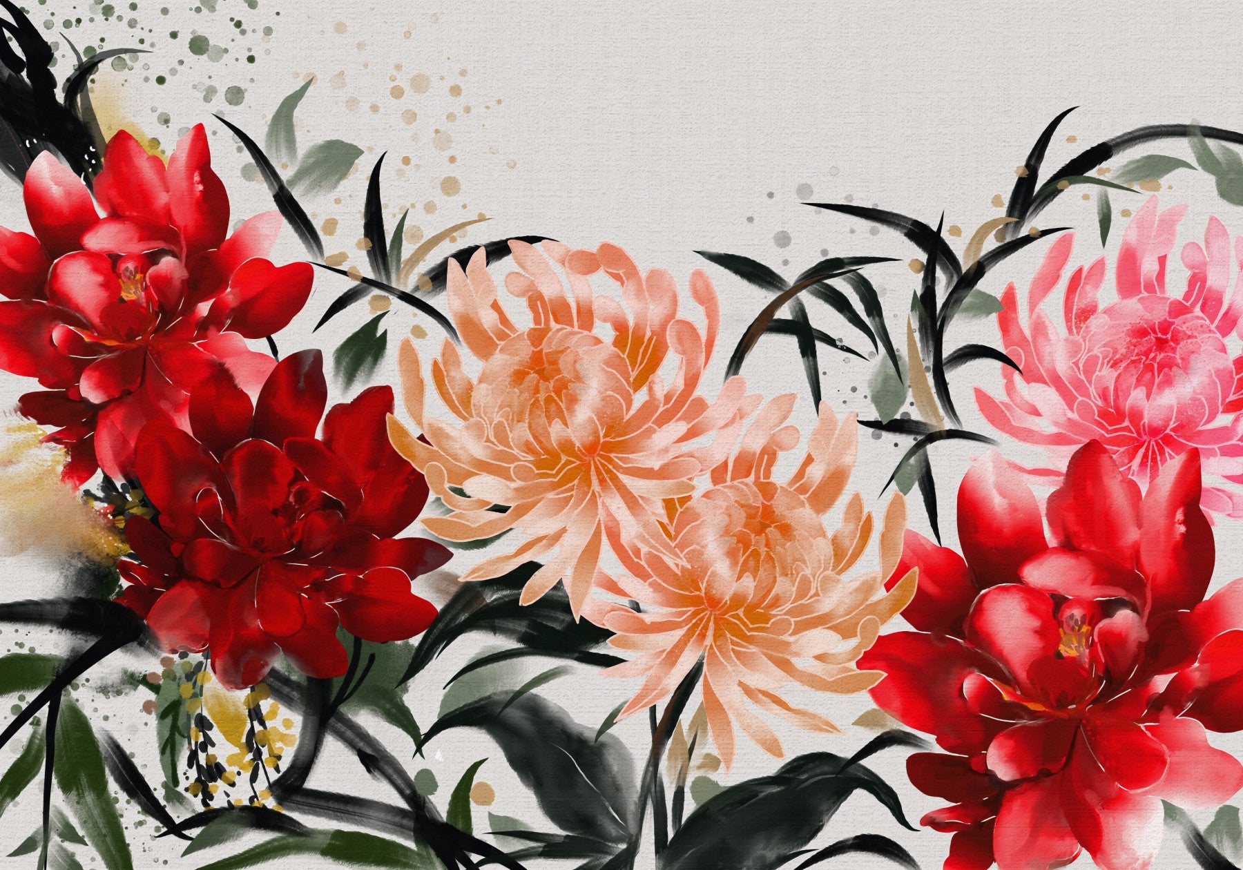Wandbild mit karminroten und pfirsichfarbenen Blumen in Tuschewaschoptik