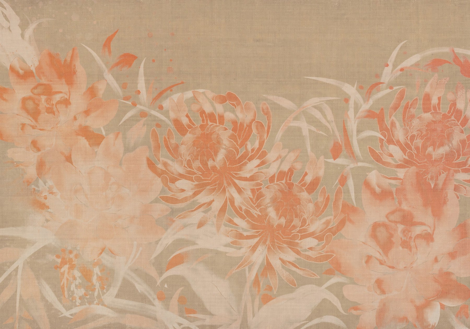 Minimalistische Wandtapete mit gemalter Chrysantheme