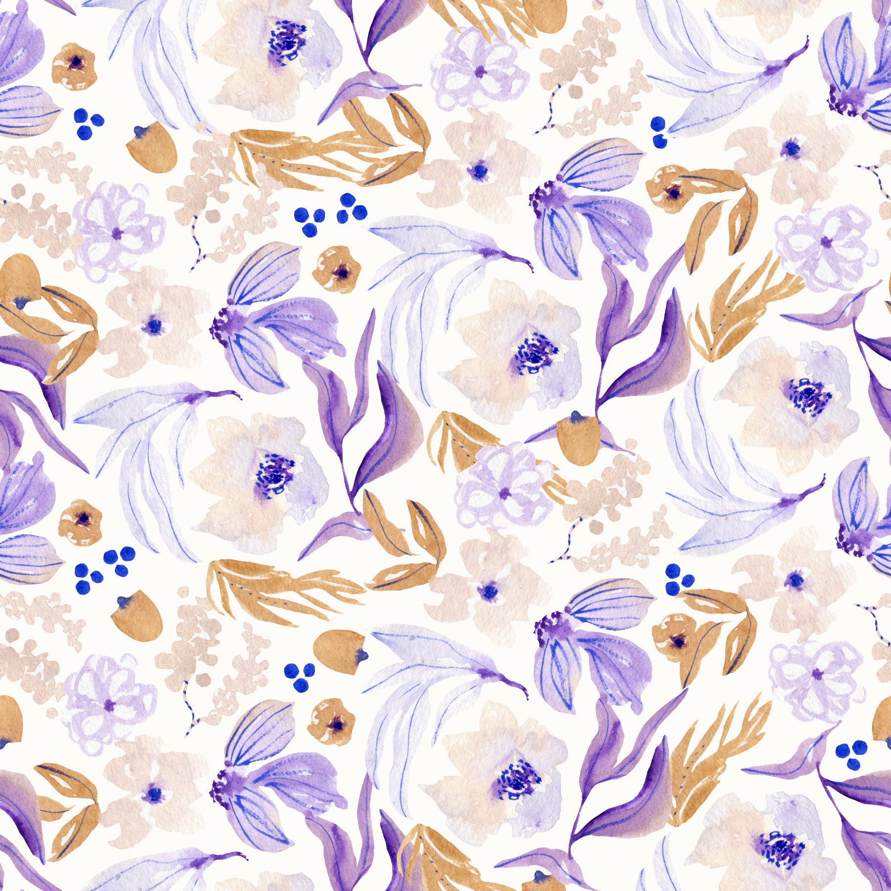 Botanische Blüten-Tapete in Lavendel und Gold
