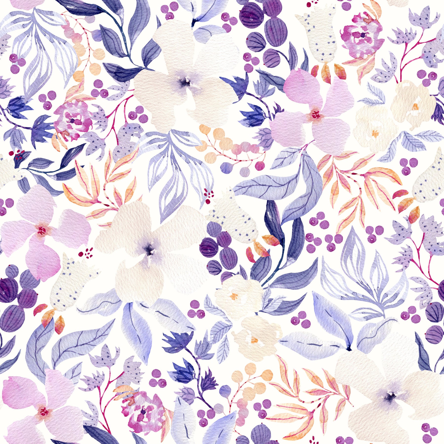 Lavendelfarvet akvarelblomstertapet med havemotiv