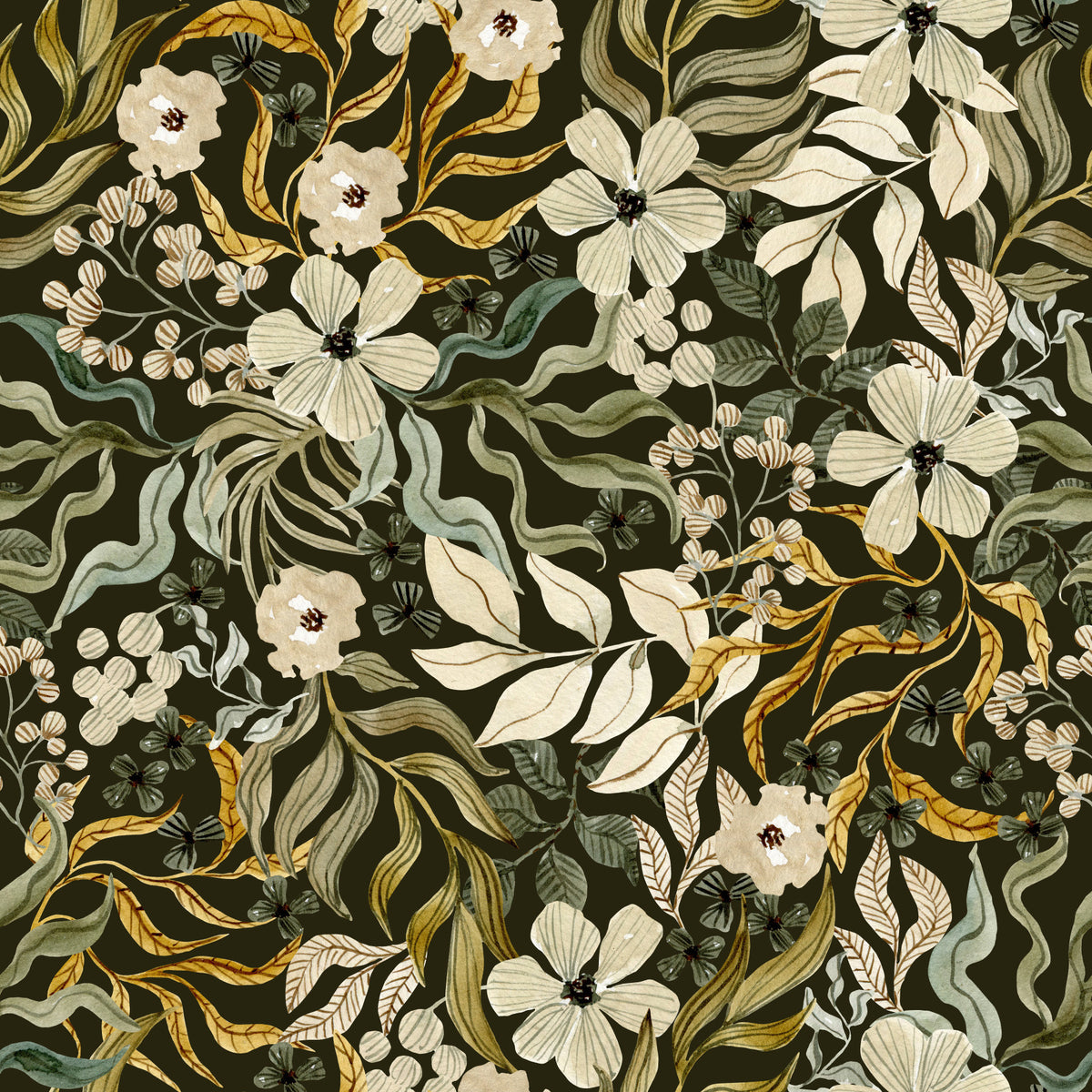 Rustic Cream and Sage Leaf Illustration Wallpaper⁠ in your room
