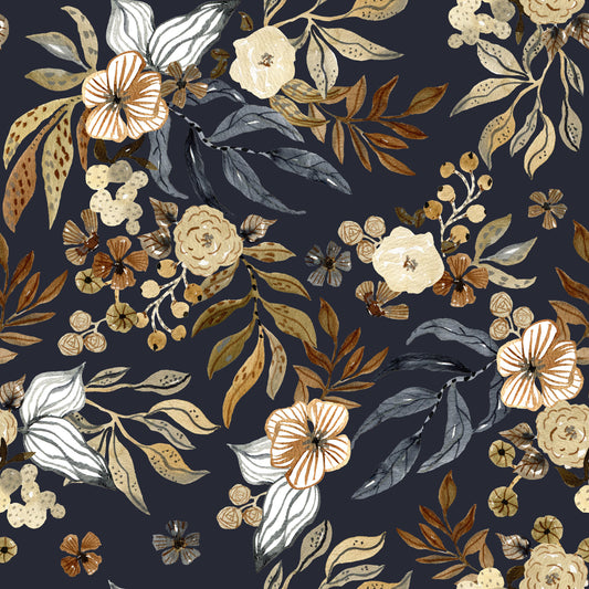 Tapet med mørk botanisk blomsterillustration