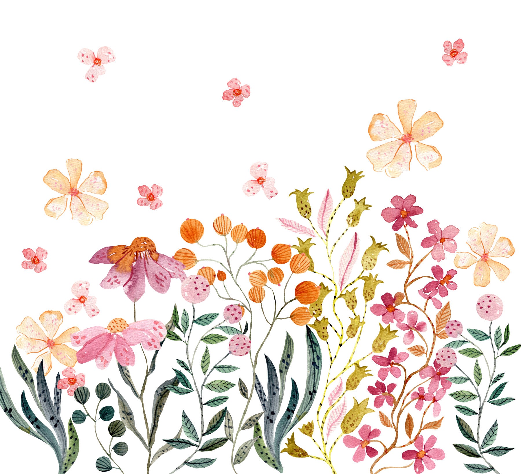 Akvarelmural med vildblomstret eng til væggen