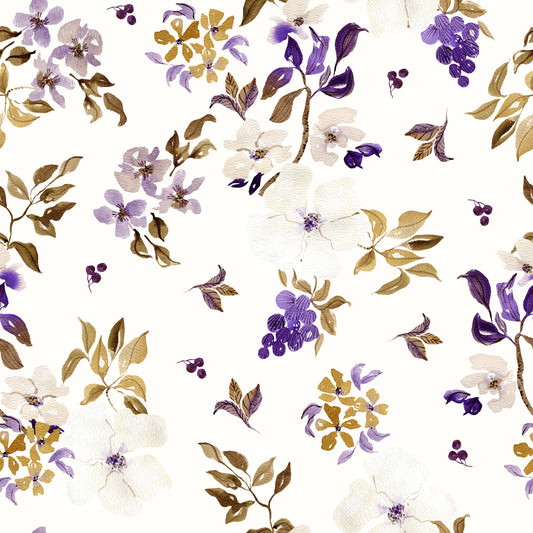 Botaniske ranker i violet og guld – tapet